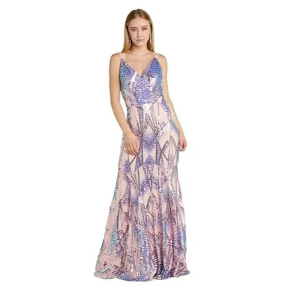 Morgan & Co. | Dresses | Morgan And Co Juniors Long Sequined Dress Wvneck  Strappy Back Pink 1 | Poshmark